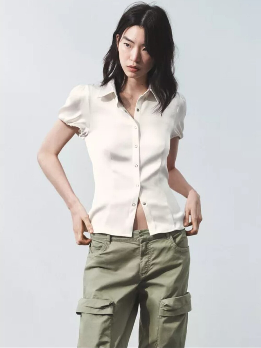 Zara Satin Effect Oyster White Button Down Top